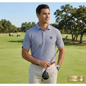 Polo Golf Ralph Lauren Men’s XL Blue‑Gray Stripe Polo Shirt Wildcat Logo Preppy